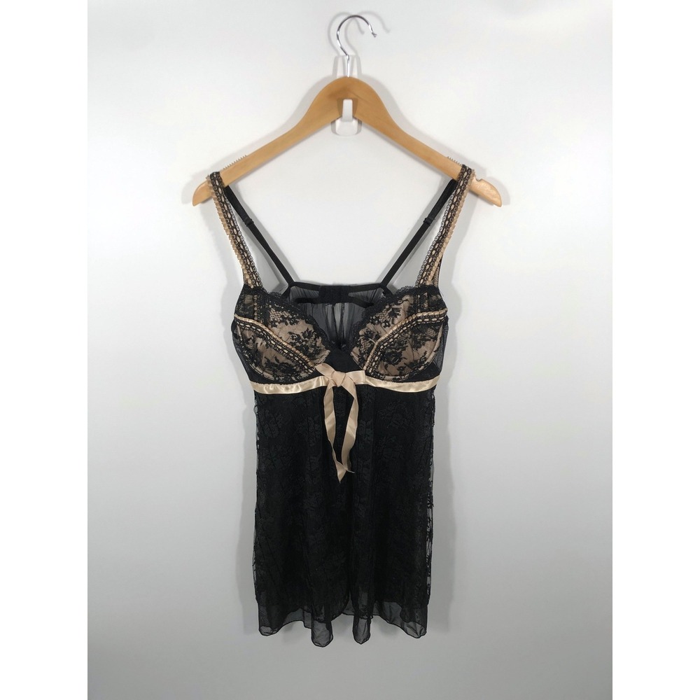 Delicates Babydoll Top Womens L Black Lace Sheer Bow Dark Fairy Dainty Romantic